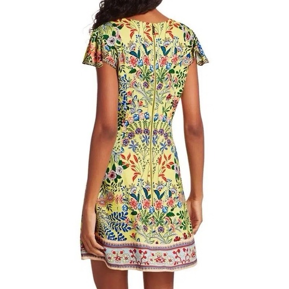 Alice + Olivia Hadley Floral Yellow Mini Fit & Flare Crepe Dress Sz 6 Tropical - Picture 4 of 16